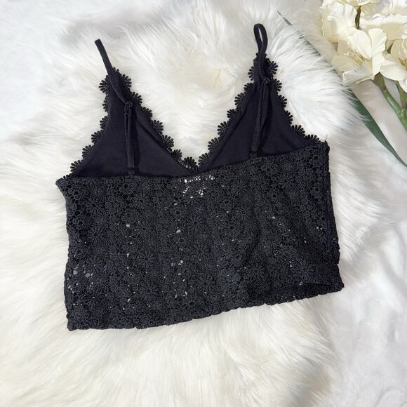 H&M Medium Black Lace Crop Tank Bralette Cami Floral Crochet Boho Coquette - Picture 2 of 7
